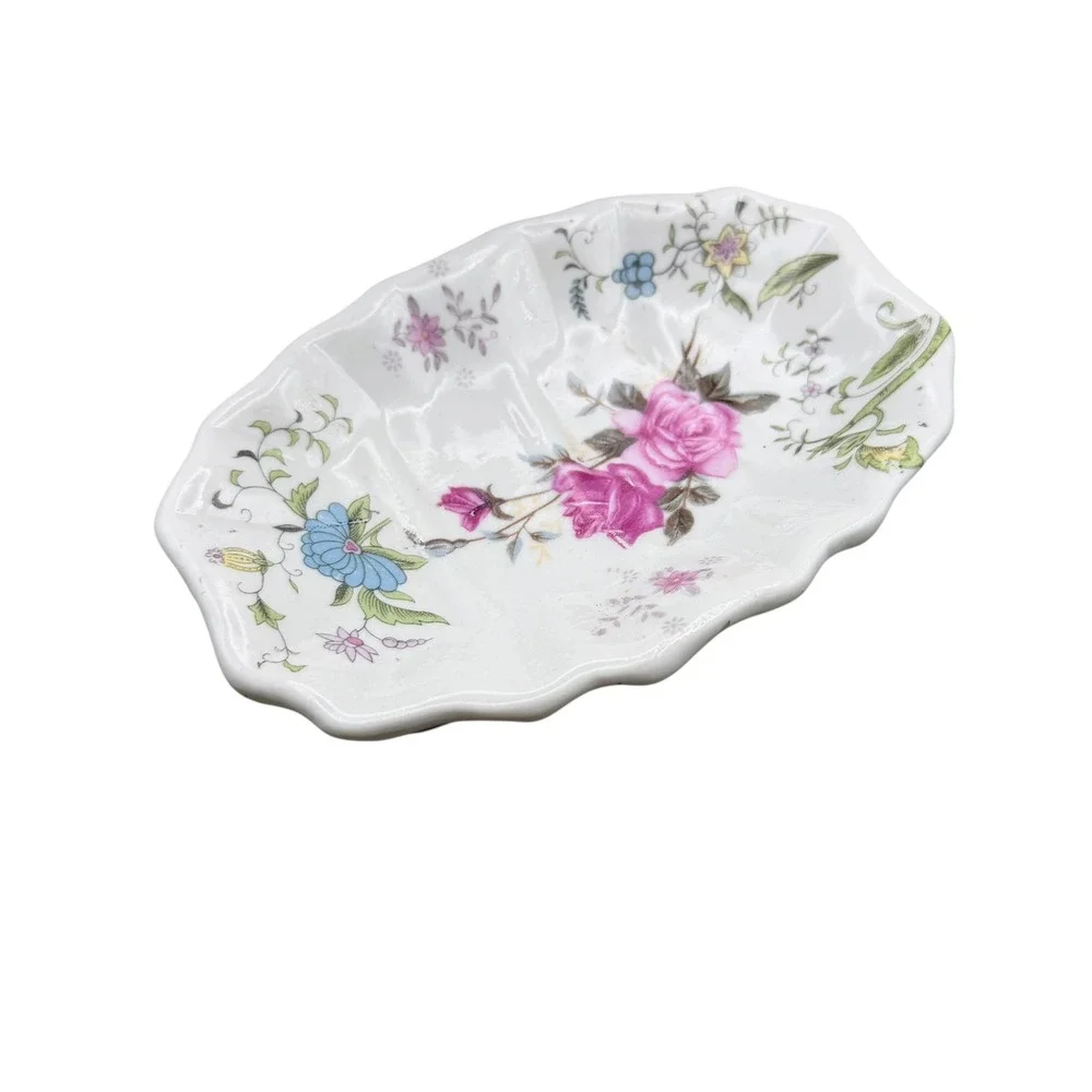 Vintage Floral Ceramic Soap Dish and Tumbler Set Pink Roses Blue Flowers 2pc